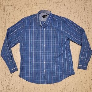 Bugatchi Blue Plaid Shaped Fit Button Down Long Sleeve Casual Dress Shirt